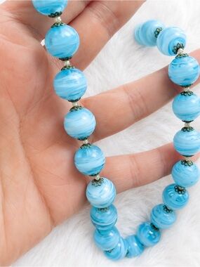 Vintage Sky Blue Slag Glass Bead Necklace ~ Murano Style Chunky Statement